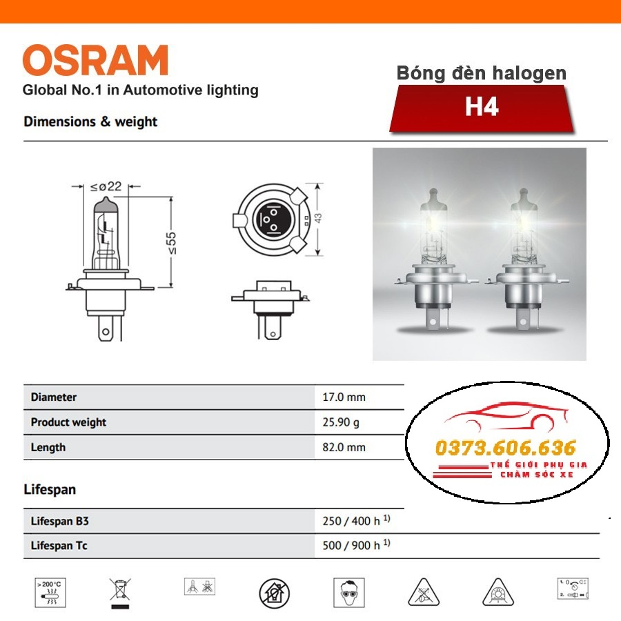 Bóng H4 - Bóng Đèn ôtô Halogen OSRAM Original 12V 55/60W Nhập Khẩu Chính Hãng