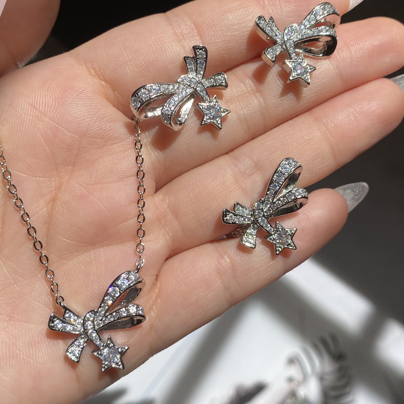 Bộ trang sức dây chuyền, bông tai, nhẫn thiết kế nơ đính kèm ngôi sao 3 món tiểu thư_ pk034