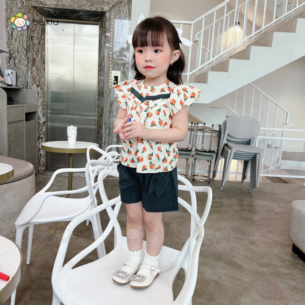 Bộ đũi họa tiết hoa đỏ thoáng mát cho bé gái từ từ 14-24kg, B25