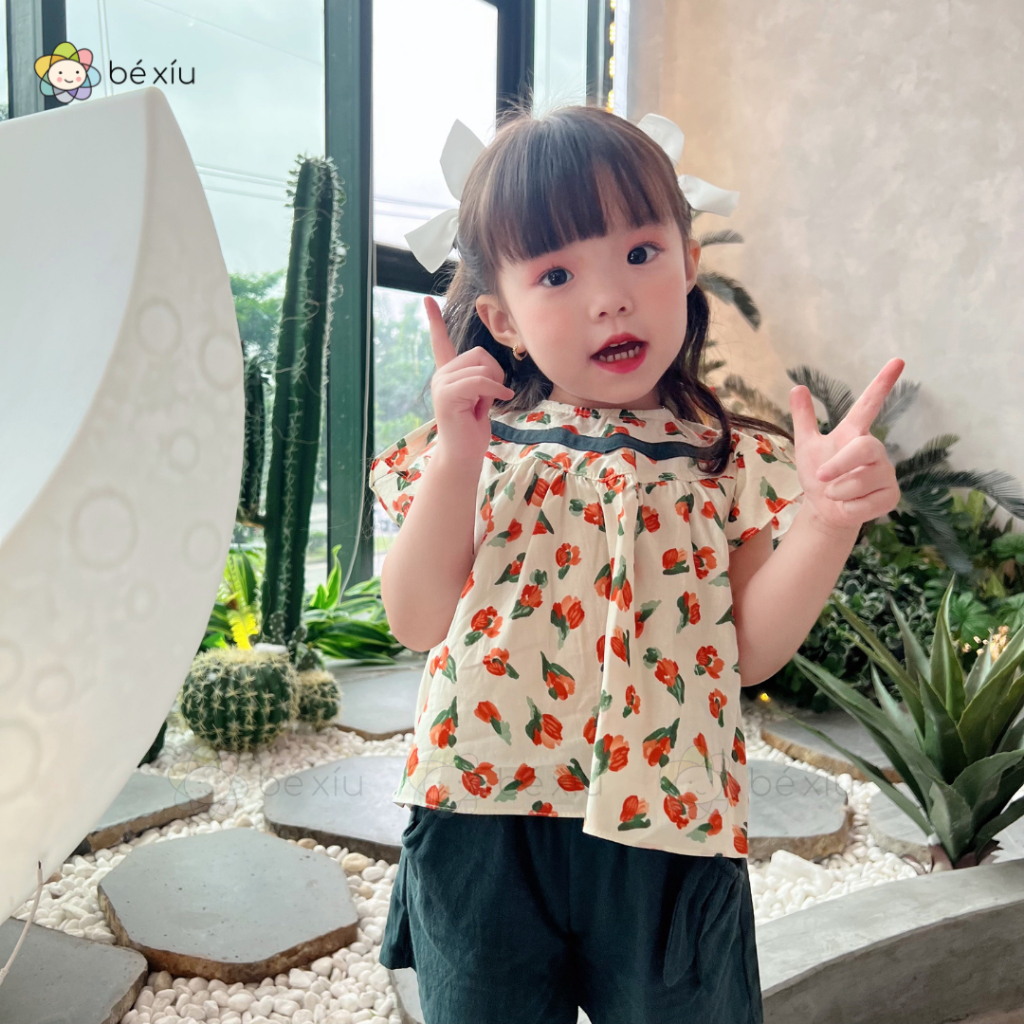 Bộ đũi họa tiết hoa đỏ thoáng mát cho bé gái từ từ 14-24kg, B25
