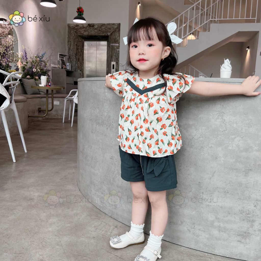 Bộ đũi họa tiết hoa đỏ thoáng mát cho bé gái từ từ 14-24kg, B25