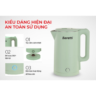 Ấm siêu tốc inox 2 lớp 1.8l baretti brd181g - hàng mới 100%- công suất hoạt động cao - thân ấm 2 lớp chống bỏng