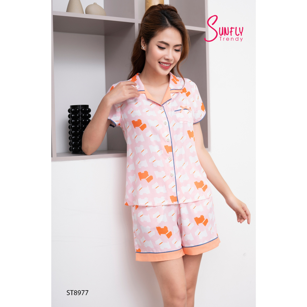 Bộ Đồ Mặc Nhà Nữ Pyjamas Lanh SUNFLY Áo Cộc Quần Sooc ST8977