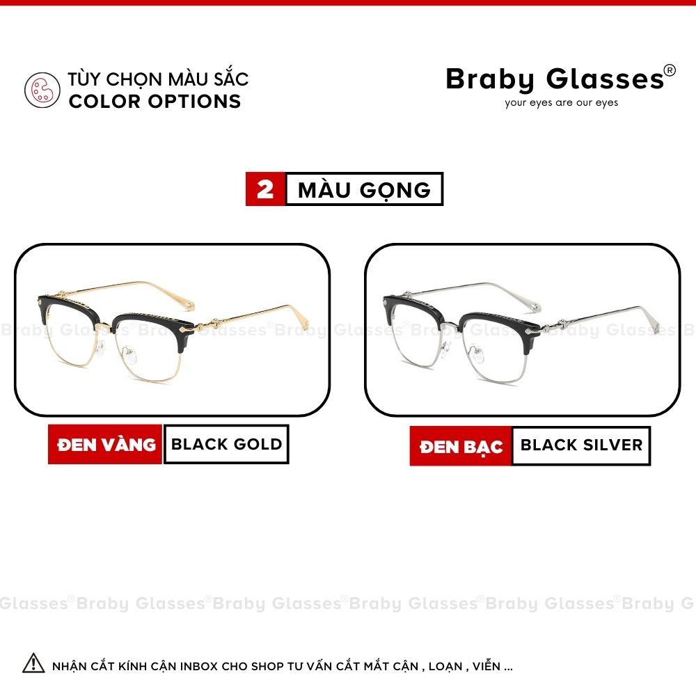Gọng kính cận thời trang nam nữ Braby Glasses mắt vuông kim loại cao cấp chống gỉ kiểu dáng sành điệu, cá tính MK17