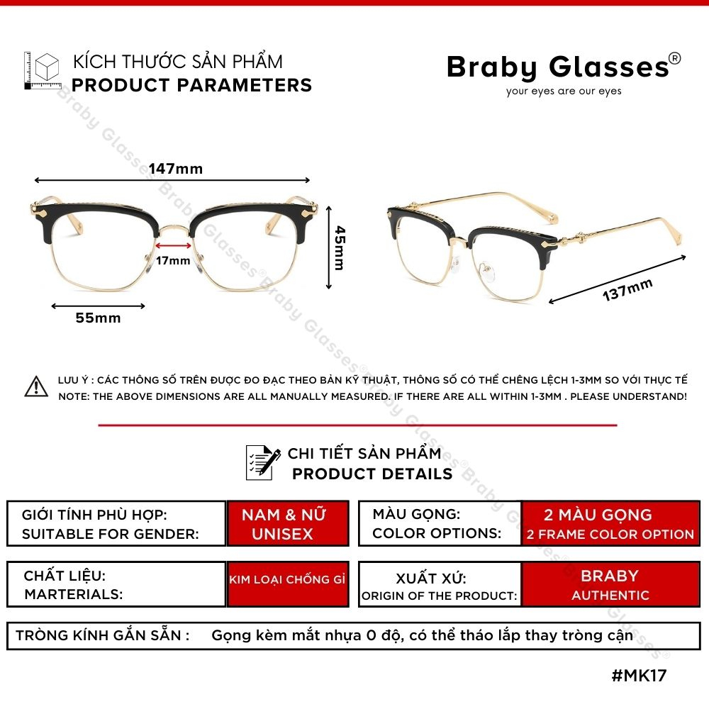 Gọng kính cận thời trang nam nữ Braby Glasses mắt vuông kim loại cao cấp chống gỉ kiểu dáng sành điệu, cá tính MK17