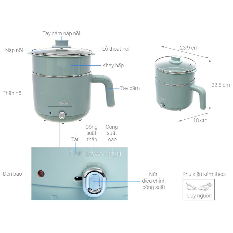 Nồi Lẩu Điện Mini/Hấp Đa Năng Bear 2Tầng Dung Tích 1.2L DRG-D12M5 | Hàng Chính Hãng | BH 18T | LSB Store