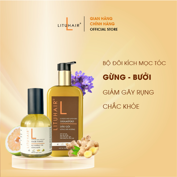Combo Dầu gội Gừng Oải hương và Xịt dưỡng tóc Gừng Bưởi kích mọc tóc, giảm gàu ngứa và dưỡng tóc chắc khỏe LITUHAIR