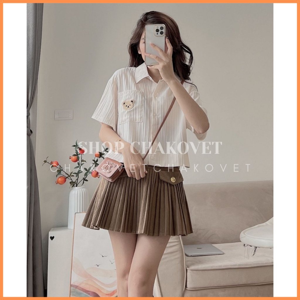 Áo Sơ Cộc Tay Đũi Gân Dáng Ngắn Ulzzang Hàn Quốc A8607 Sơ Mi Thiết Kế 1 Túi Thêu Họa Tiết Gấu Cực Sanh Điệu Cá Tính