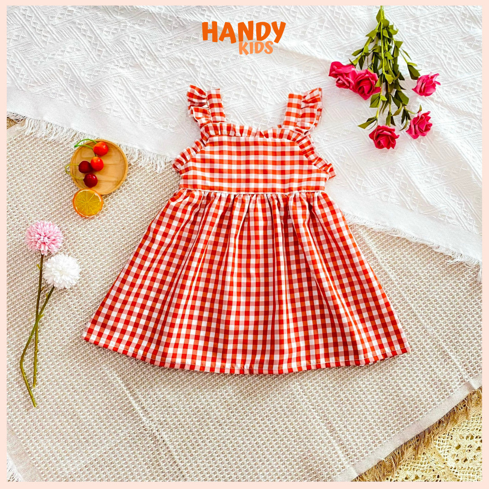 Đầm bé gái, Váy  dây caro sáng xoè mềm mịn mặc thoải mái