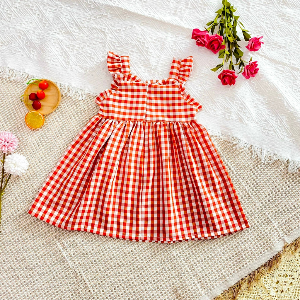 Đầm bé gái, Váy  dây caro sáng xoè mềm mịn mặc thoải mái