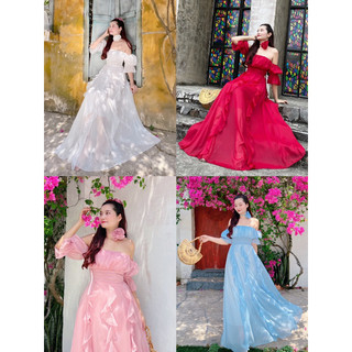 (miễn phí chỉnh váy) đầm maxi voan cúp ngực tay phồng váy xòe tua rua kèm dây hoa chụp hình sống ảo prom đi tiệc