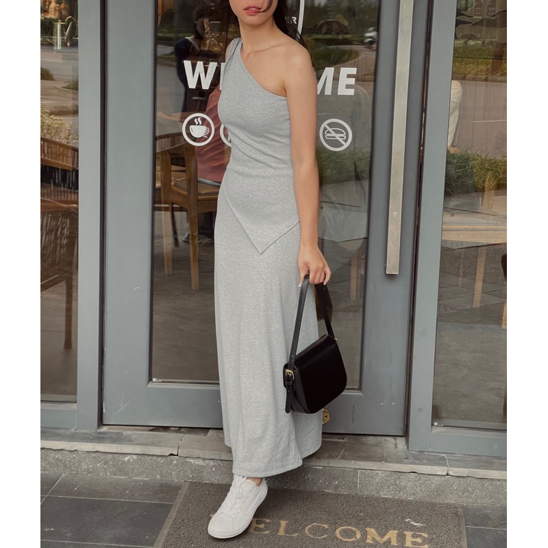 Set áo xẻ tà và chân váy suông MARGOT chất liệu cotton gân màu đen/xám