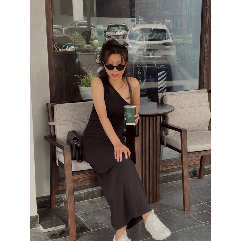 Set áo xẻ tà và chân váy suông MARGOT chất liệu cotton gân màu đen/xám