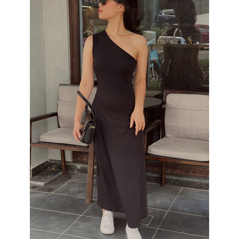 Set áo xẻ tà và chân váy suông MARGOT chất liệu cotton gân màu đen/xám