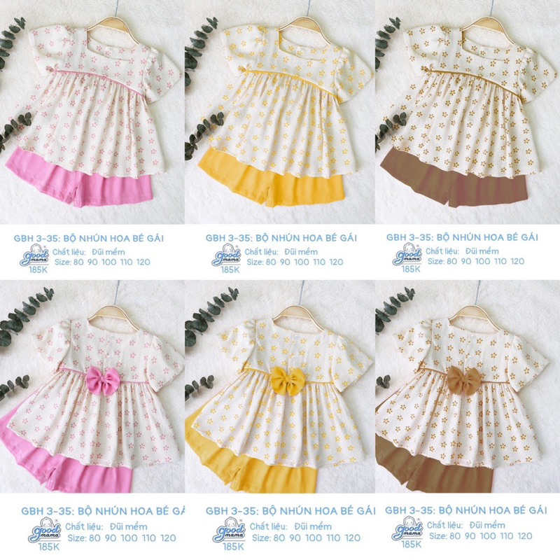 GOODMAMA- Bộ cộc tay nhún hoa cho bé gái