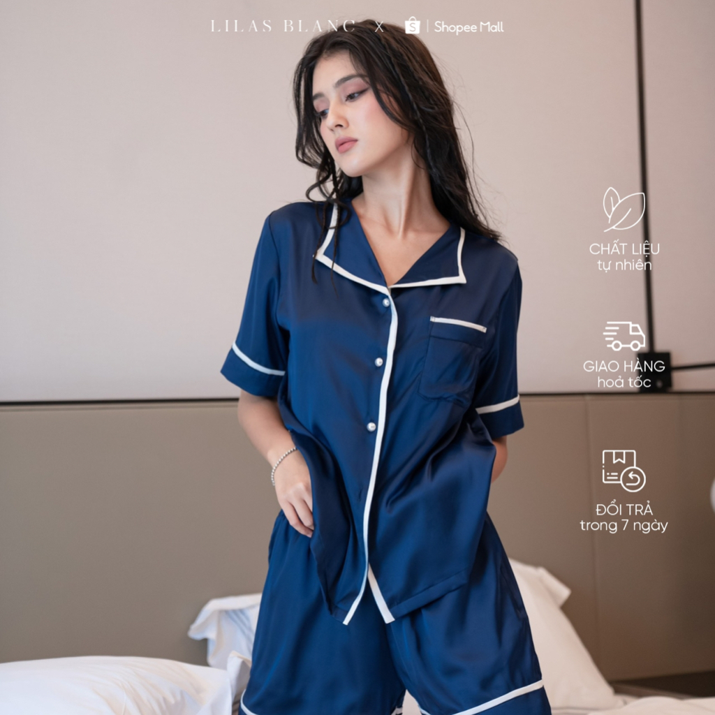 Bộ Pyjamas Mặc Nhà Áo Cộc Quần Cộc Chất Liệu Lụa Màu Xanh Đậm Royal Blue Summer LILAS BLANC