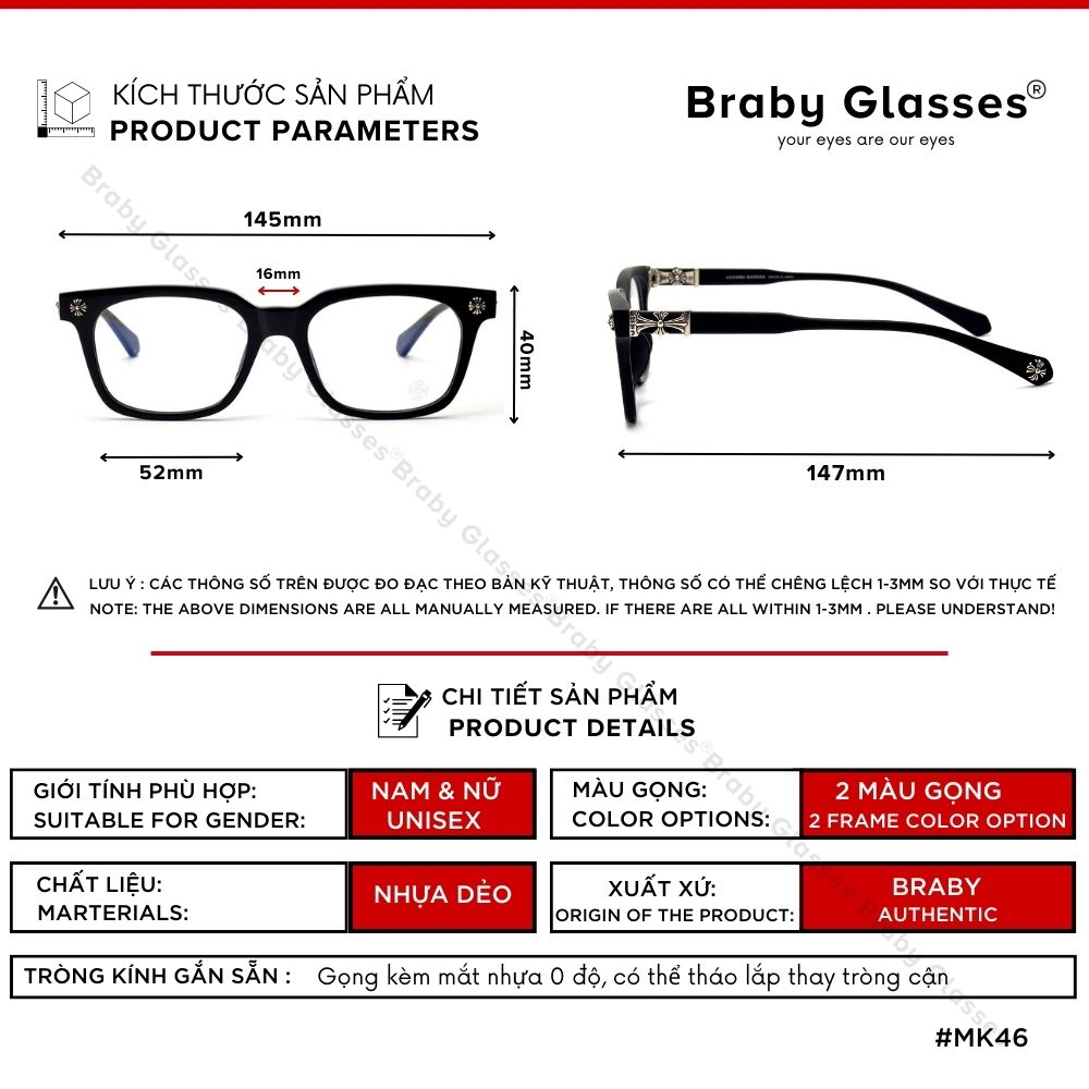 Kính gọng trong suốt vuông cận thời trang nam nữ Braby Glasses chất liệu nhưạ cao cấp kiểu dáng sang trọng MK46