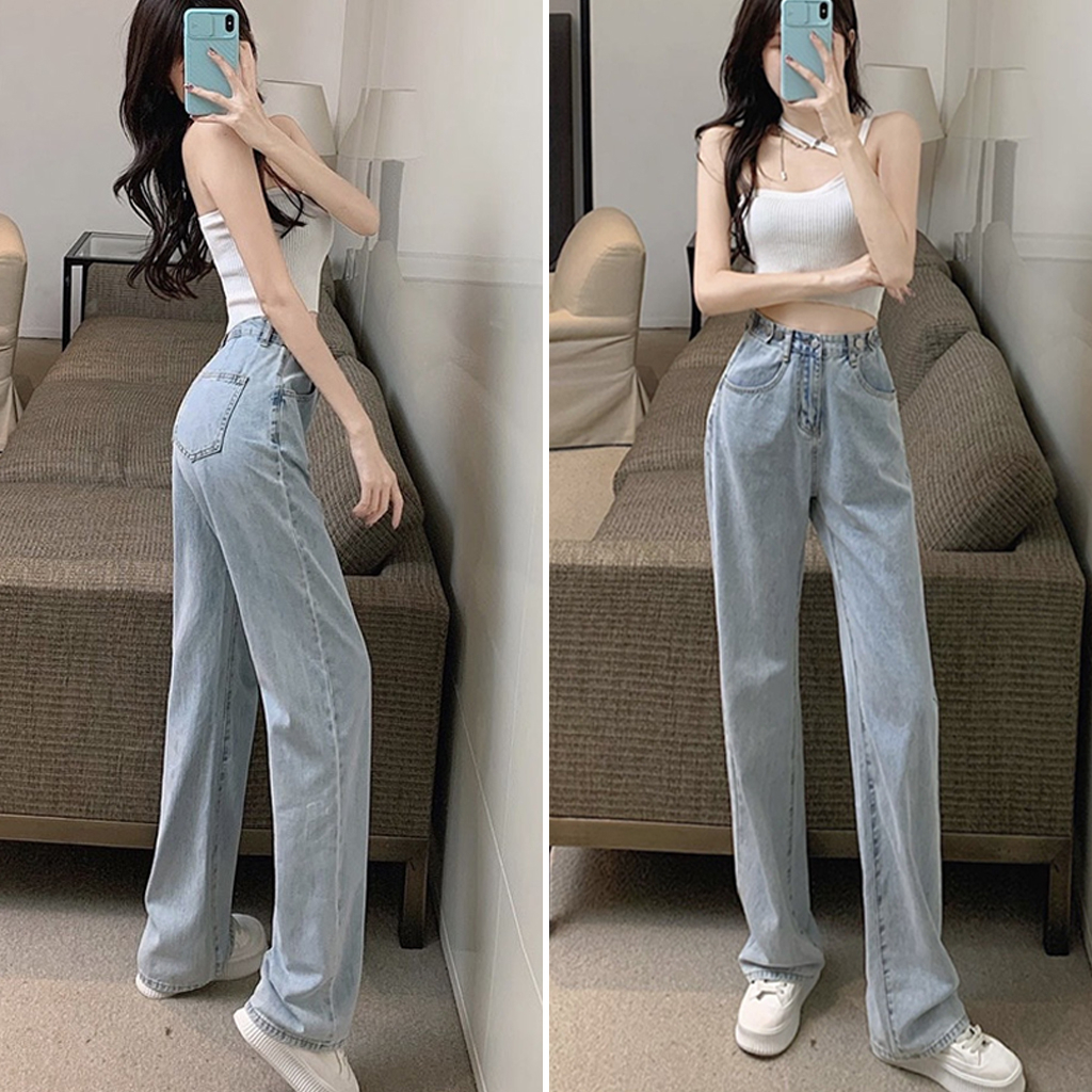 Quần Jeans Nữ Ống Rộng Lưng Cao Suông Tuongvy, Quần bò style Đường phố hàn quốc mẫu mới nhất 2023