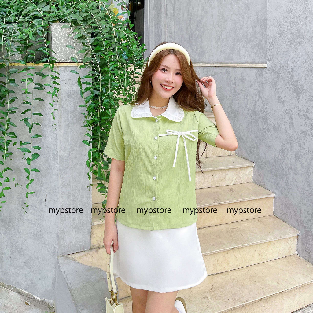 Áo sơ mi bâu bèo tay ngắn cột nơ Mypstore A78