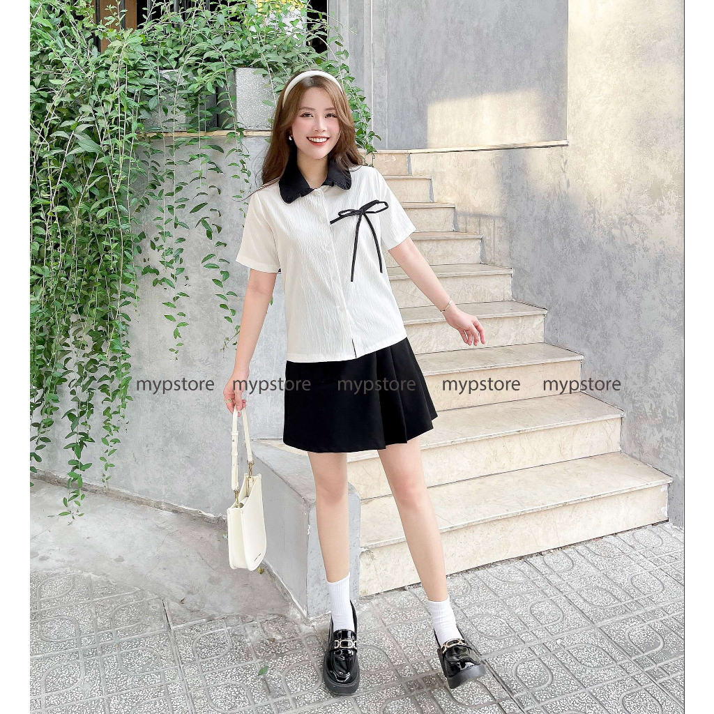 Áo sơ mi bâu bèo tay ngắn cột nơ Mypstore A78