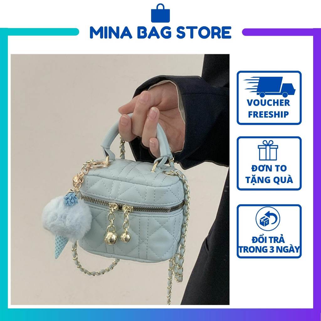 Túi xách hộp vuông, túi xách nữ đeo chéo chất da bền đẹp phối dây xích dáng cặp lồng MINA BAG T002