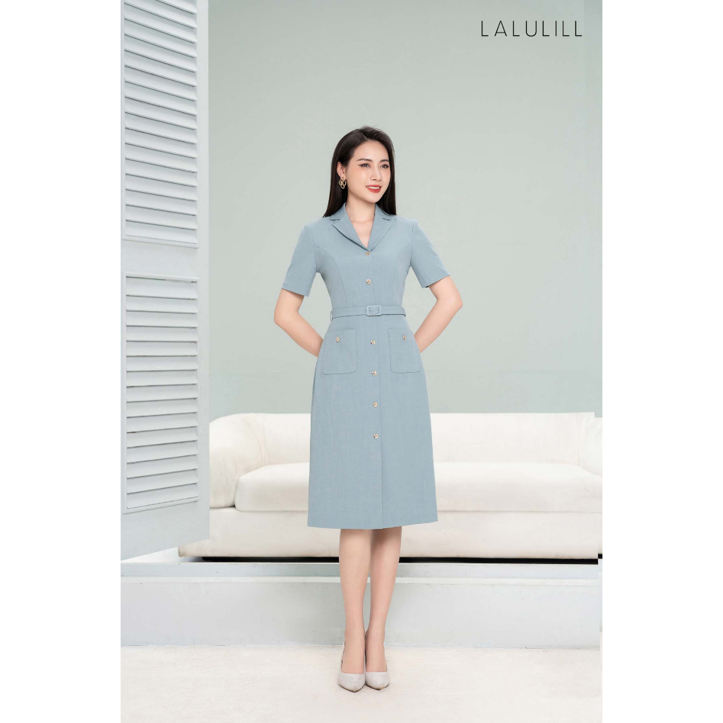 Đầm công sở cổ 2 ve LALULILL đai eo túi ốp màu xanh mint LDL2300904