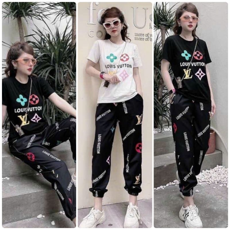Set Bộ Đồ Dài Form Rộng Áo Thun Cotton Thêu Phối Quần Thun Lạnh In 3D Bo Chân PUM95
