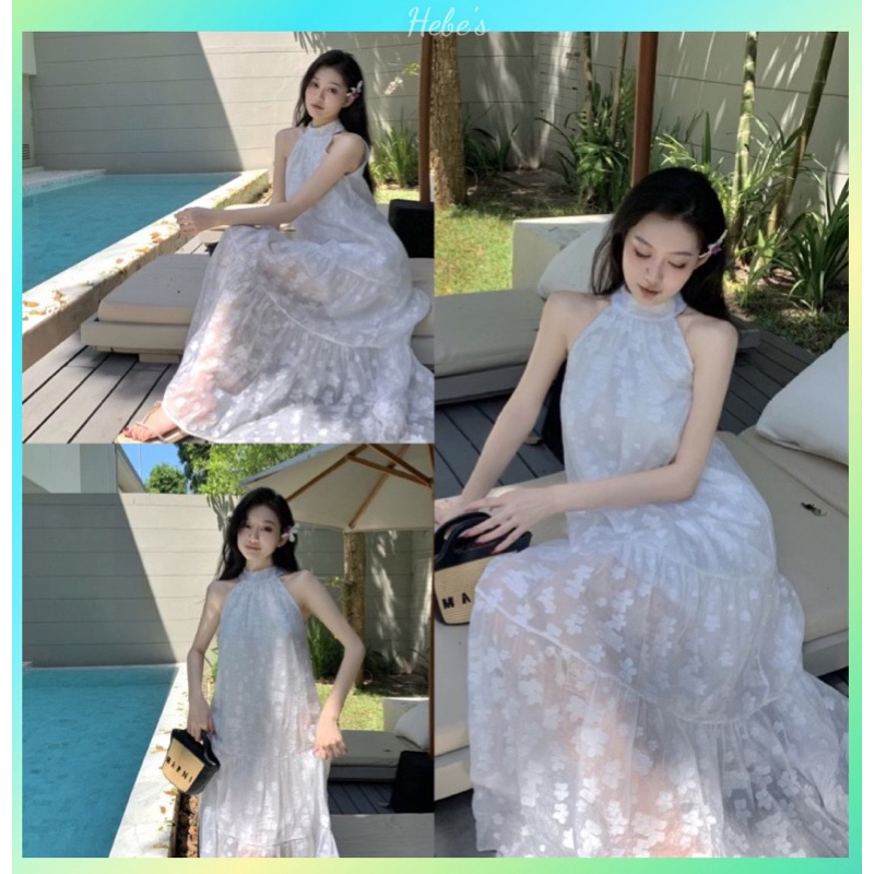 Đầm maxi hoa tone trắng phong cách tiểu thư thời trang nữ hebe's W9