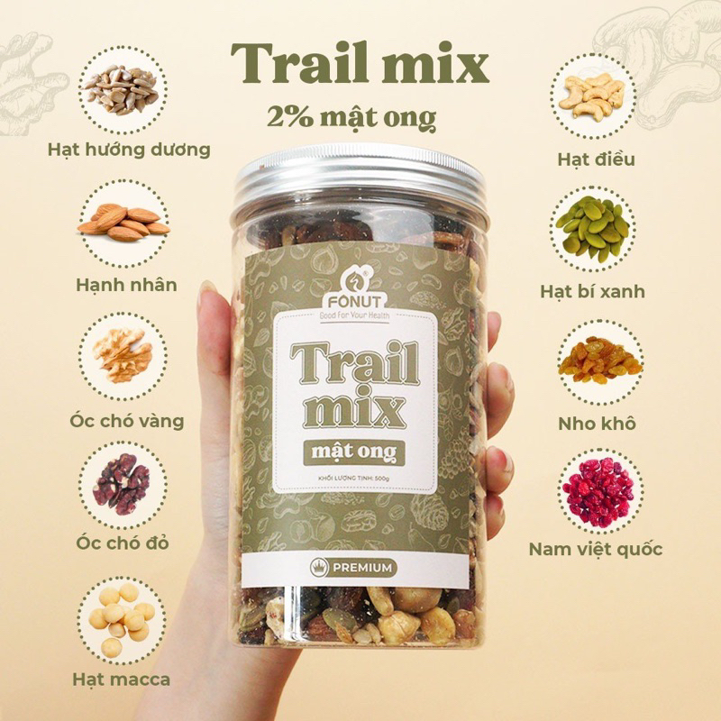 Trail Mix vị mật ong Fonut hũ 500g-350g Ngũ cốc siêu hạt không yến mạch Ngũ cốc dinh dưỡng cho mẹ bầu và người ăn kiêng