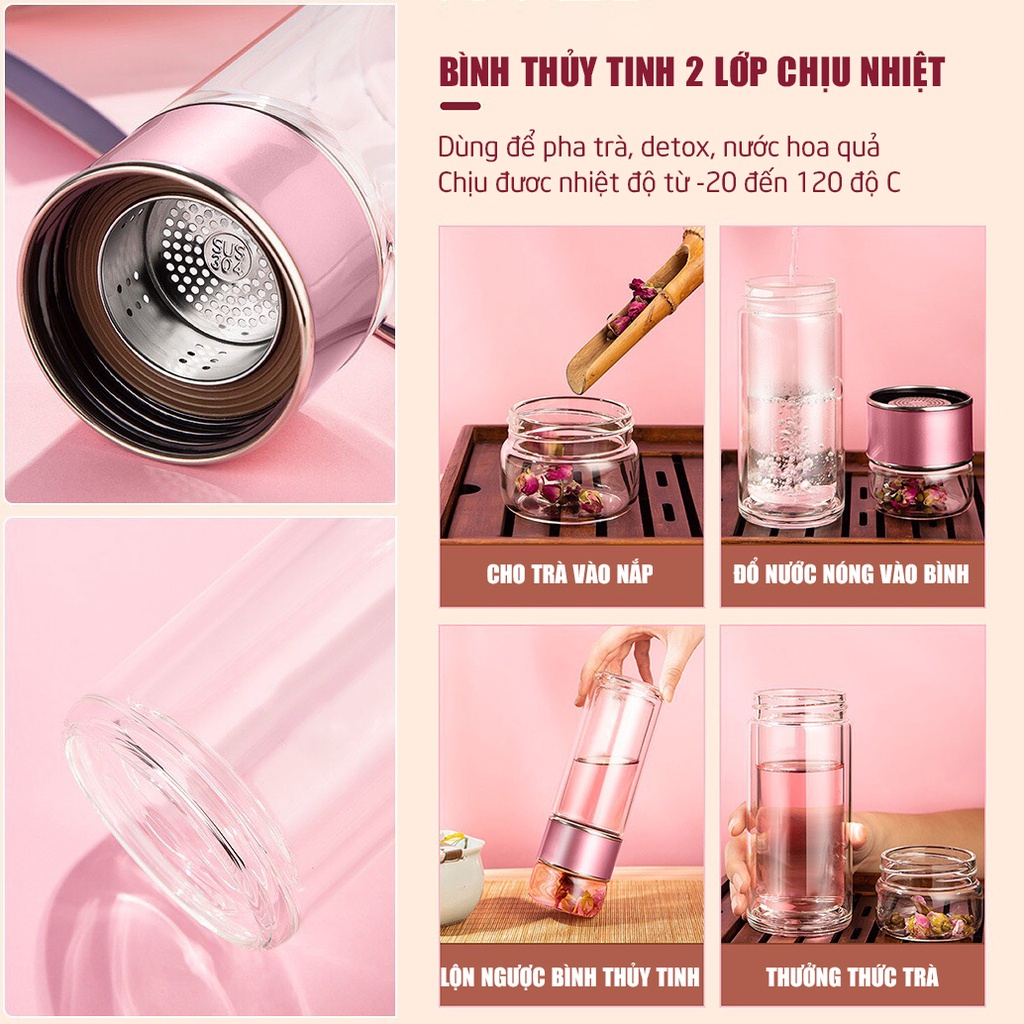 Bình pha trà thuỷ tinh 2 lớp cao cấpcốc uống nước thuỷ tinh đẹp có nắp ly thủy tinh ly nước cute thuỷ tinh uống nước