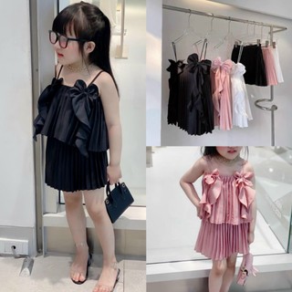 Sét bộ 2 dây tiểu thư áo nơ, chân váy xếp li sang chảnh cao cấp cho bé gái