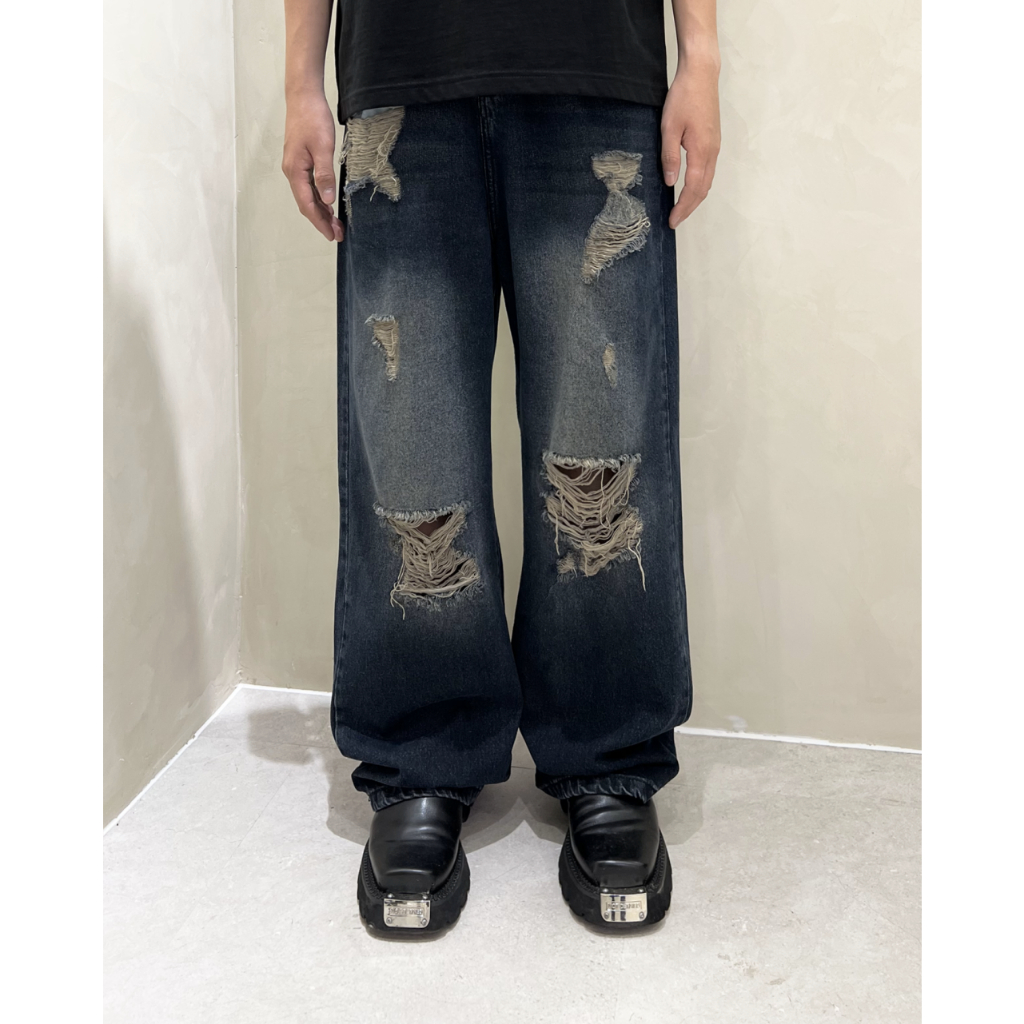 Quần jean nam "Indigo Destroyed Wide Jeans" Denim Cao cấp Bigsize