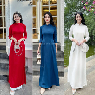Áo dài trơn truyền thống lụa tây thi cao cấp co giãn 2 tà may sẵn, áo dài Hải Đăng màu trắng, xanh cổ vịt, đỏ, vàng
