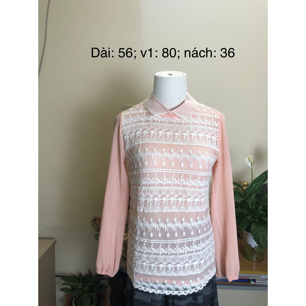 Áo sơ mi si tuyển 2hand dài tay, voan hồng, thân trước phối ren