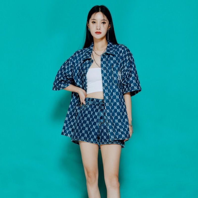 [ Có sẵn ] - Áo Sơ Mi Jean MLB Classic Monogram Denim Short Sleeve Shirt New York Nam Nữ - ÁO BÒ XUẤ