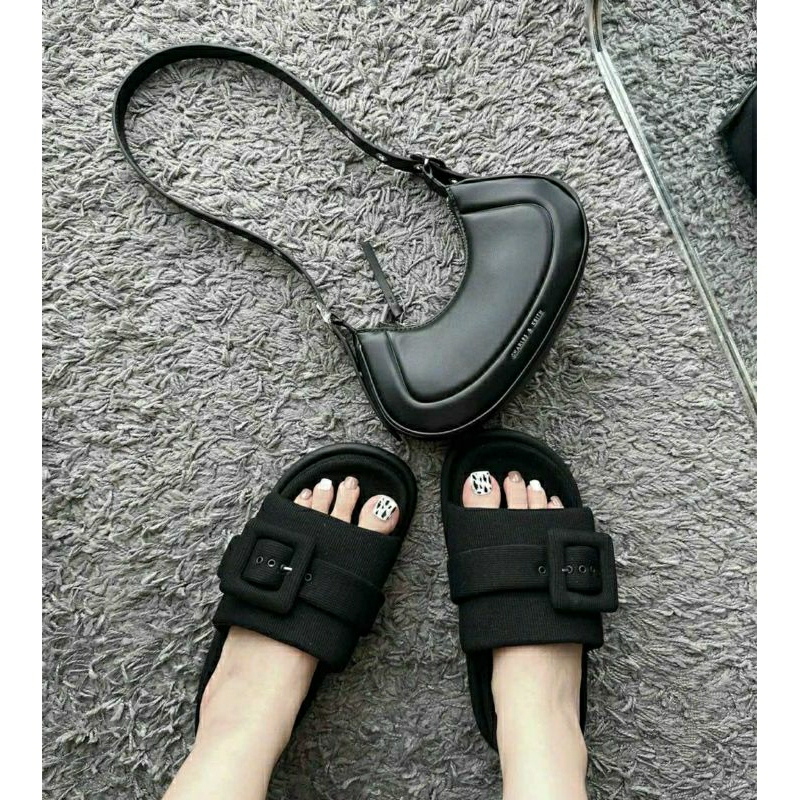 Dép cnk bánh mì vải độn đế quai khuy đen hồng dạ tweed