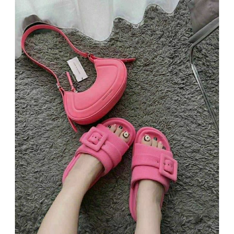 Dép cnk bánh mì vải độn đế quai khuy đen hồng dạ tweed