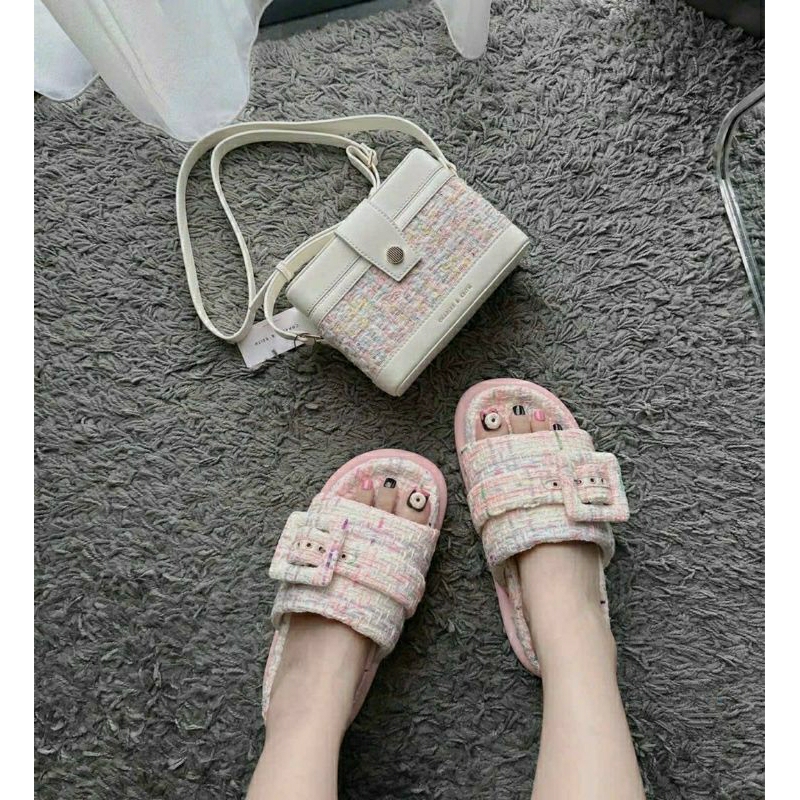 Dép cnk bánh mì vải độn đế quai khuy đen hồng dạ tweed