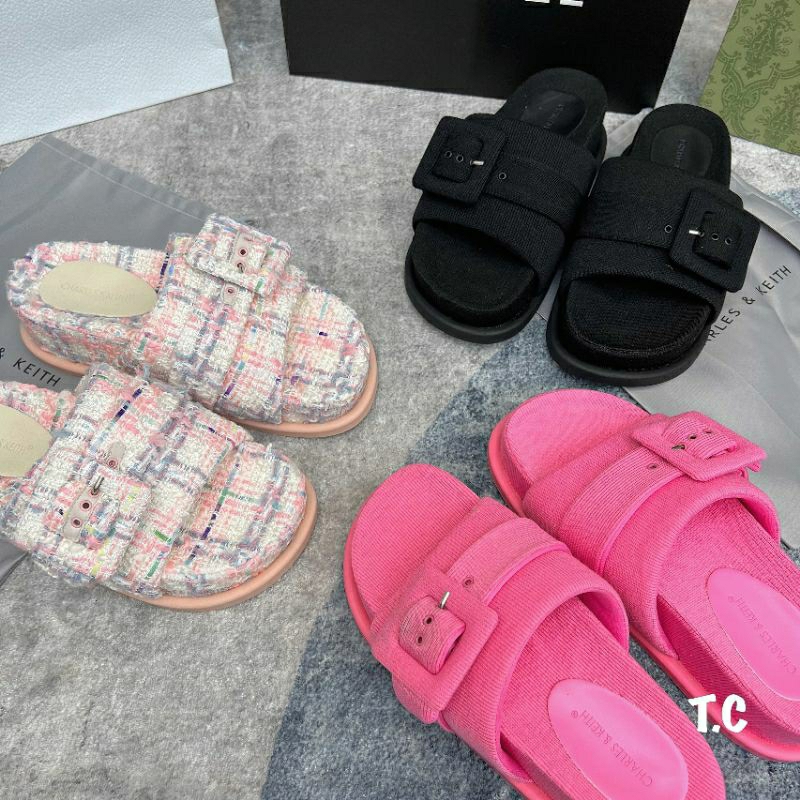 Dép cnk bánh mì vải độn đế quai khuy đen hồng dạ tweed