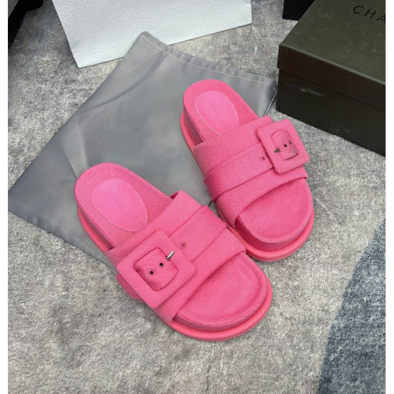 Dép cnk bánh mì vải độn đế quai khuy đen hồng dạ tweed