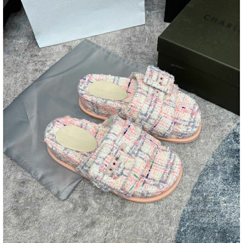 Dép cnk bánh mì vải độn đế quai khuy đen hồng dạ tweed