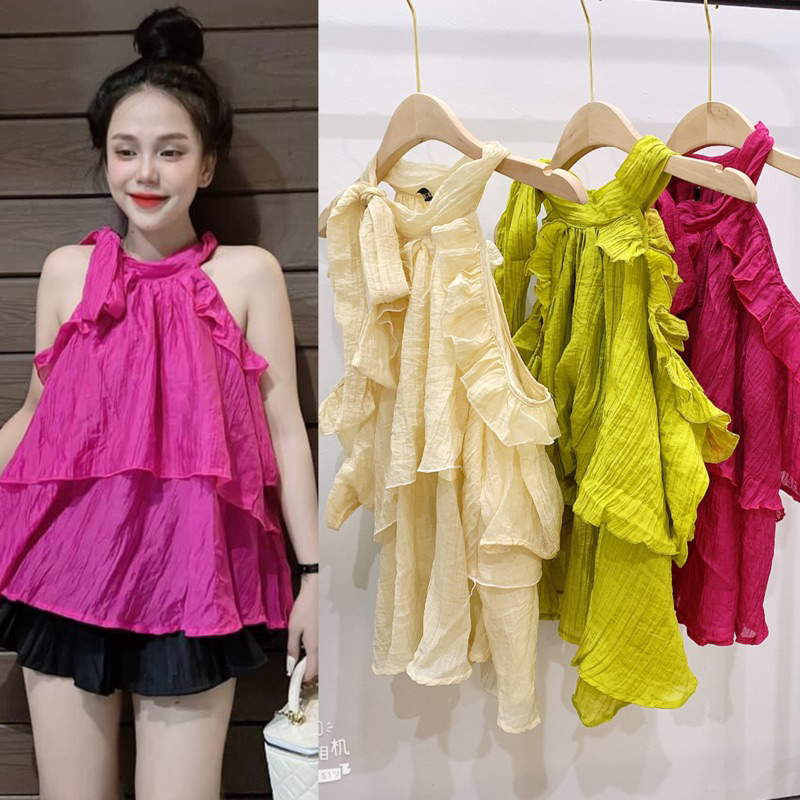 Áo Bánh Bèo Cổ Yếm Buộc Vai 2 Tầng, Áo Đũi Tơ Nhăn Mềm Mát Ảnh Thật Lekemqc