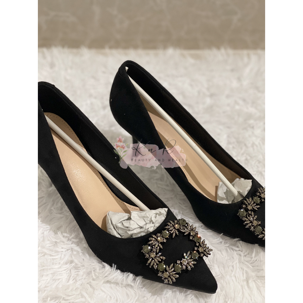 Giày cao gót Nữ Pha lê kim cương màu đen trơn, 8 phân