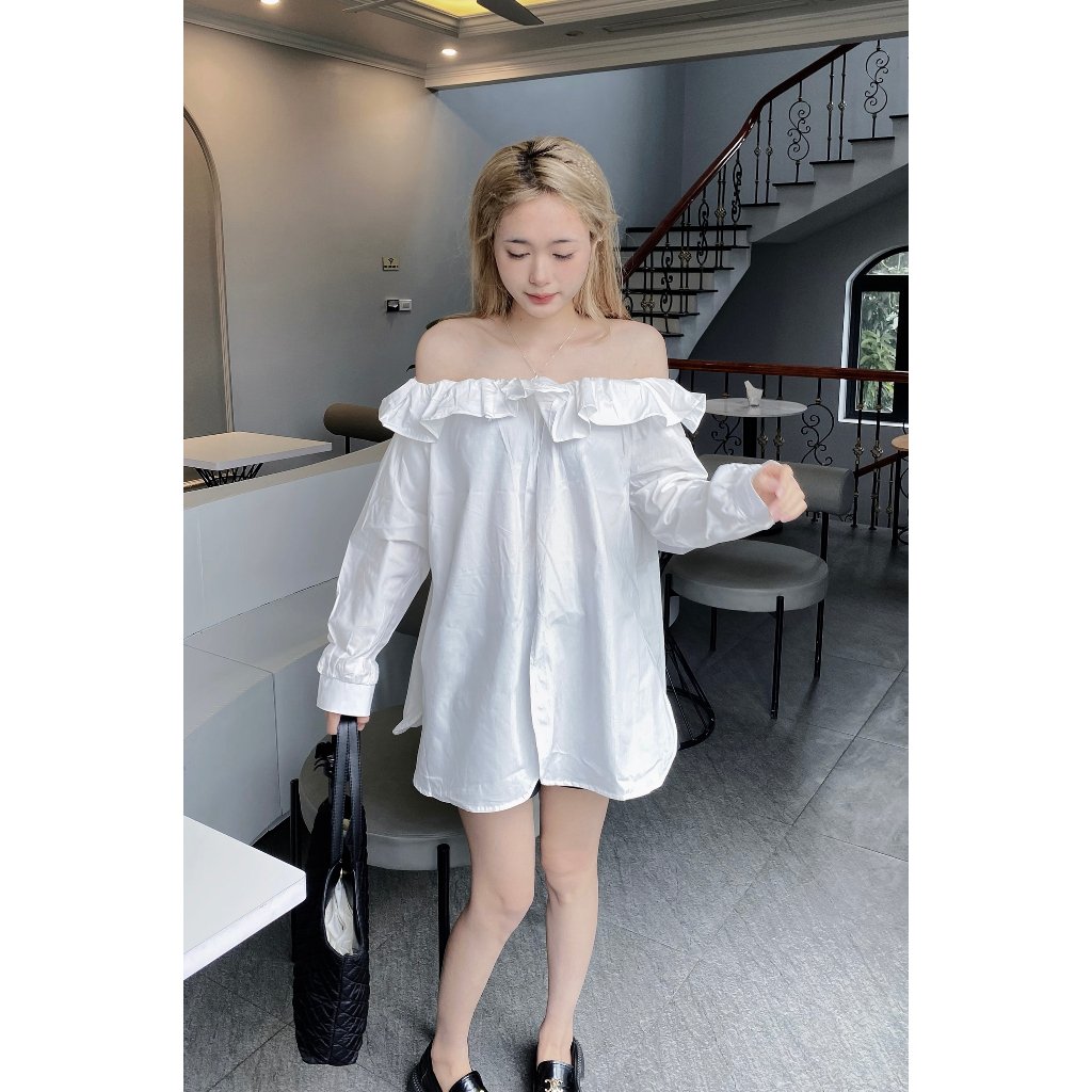 Áo váy Sơ Mi Trễ Vai Xẻ Tà