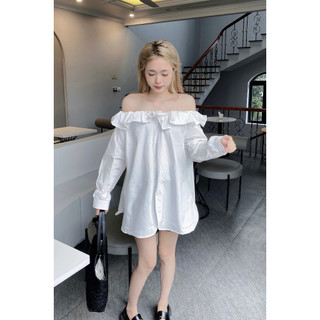Áo váy sơ mi trễ vai xẻ tà