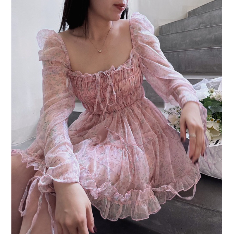 Đầm xoè hoa xanh nhún ngực thắt nơ (về thêm hồng)