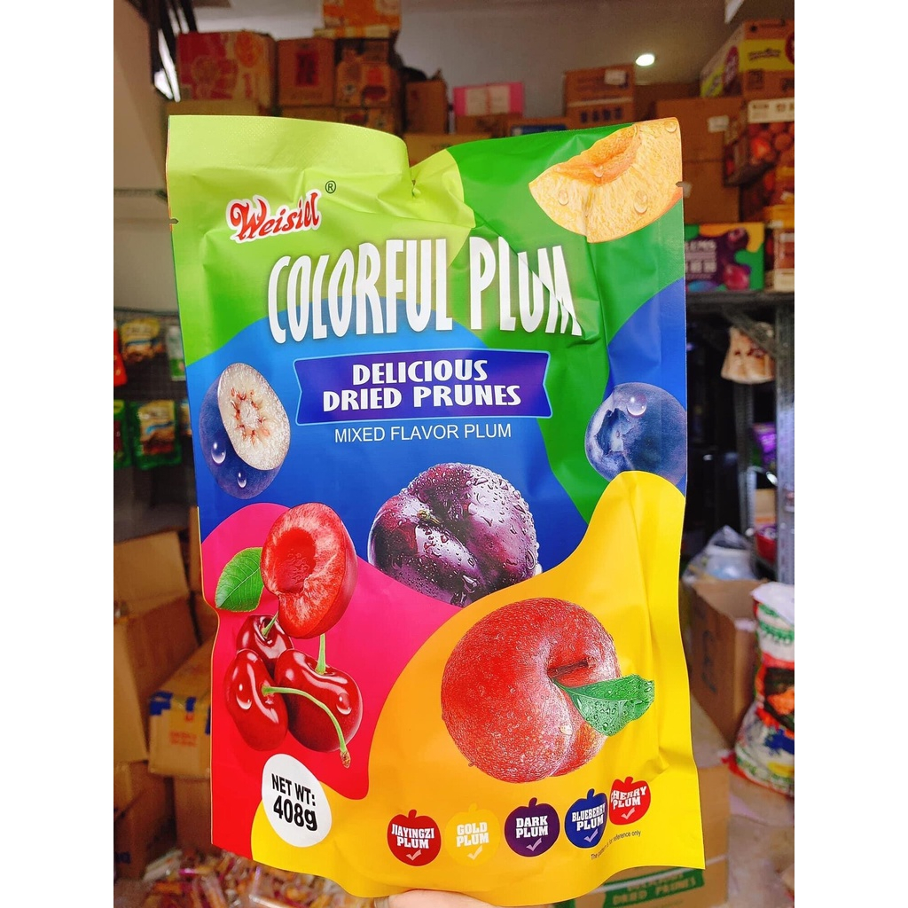 Kẹo ô mai Colorful Plum mix nhiều vị Cherry-Việt Quất-Mận 408g | Ăn vặt Jamay Food