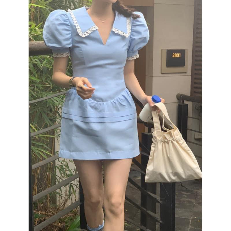 Đầm xanh tay bồng viền ren giống Jisoo Blackpink