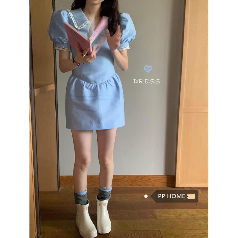 Đầm xanh tay bồng viền ren giống Jisoo Blackpink