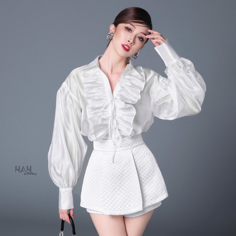 Set áo sơ mi bèo cổ dài tay phối chân váy xốp dáng A ngắn thời trang thiết kế đi chơi dự tiệc cưới sang chảnh LEVAN